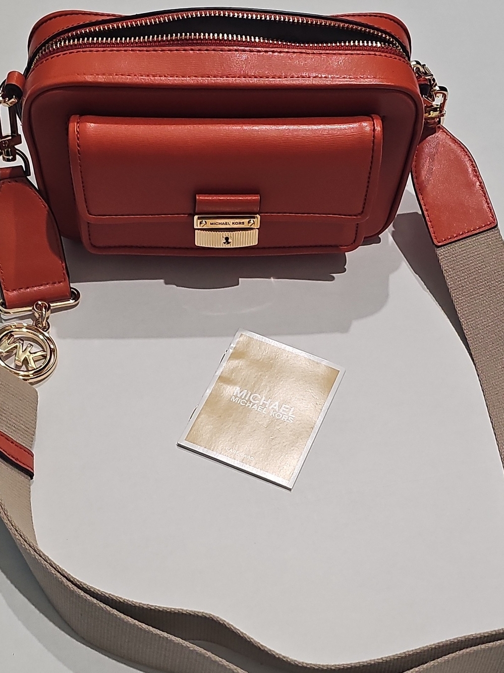 Michael Kors Orange Crossbody Bag Beige Strap Gold Hardware Zip Logo Detach